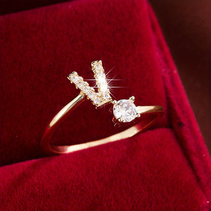 Fashionable 26 English Letters Four-Prong Synthetic Synthetic Zirconia Open Adjustment Ring Beauty Fashion