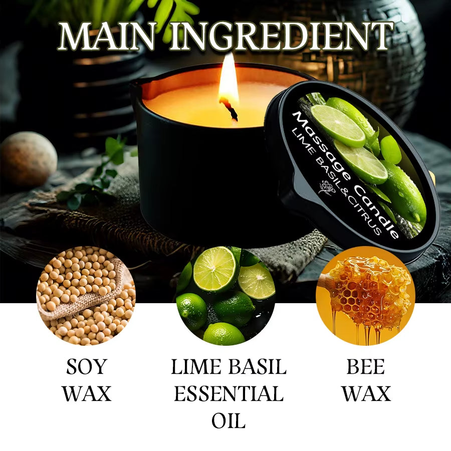 Massage Candle - Essential Oil- Lime Basil&Citrus, 2Oz/56.7G Melts into Warm Massage Oil - Massage Oil Candle, Pour Spout