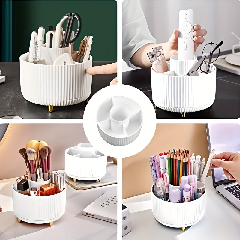 360° Rotating Makeup Organizer - 1pc Plastic Cosmetic Storage with 5 Compartments - Multi-Functional Holder for Brushes, Lipsticks, Skin Care Products, and Stationery - Durable Unscented Desk Caddy with Luxury Stripe Design Beauty Fashion