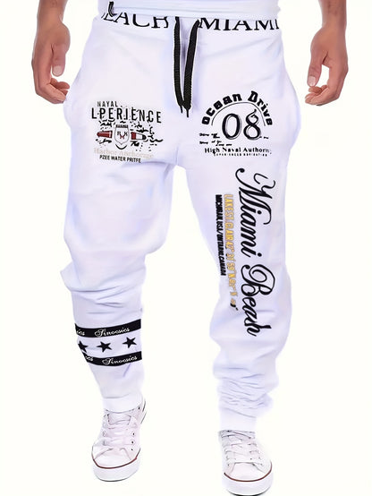 Men's Casual Letter Print Cuffed Drawstring Sweatpants, Lightweight Comfy Pants For Sport And Casual Wear
