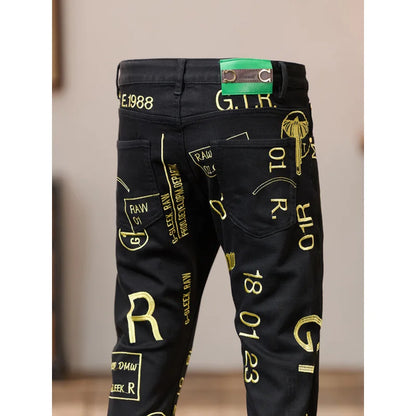 Trendy Retro Embroidered Printed Jeans for Men 2025 New Autumn Fashion Men'S Clothing Trend Brand Slim Fit Small Leg Pants