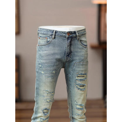 2025 Autumn Retro Light Blue Distressed Jeans for Men American Style Trendy Slim Fit Street Style Cool Brand Pants