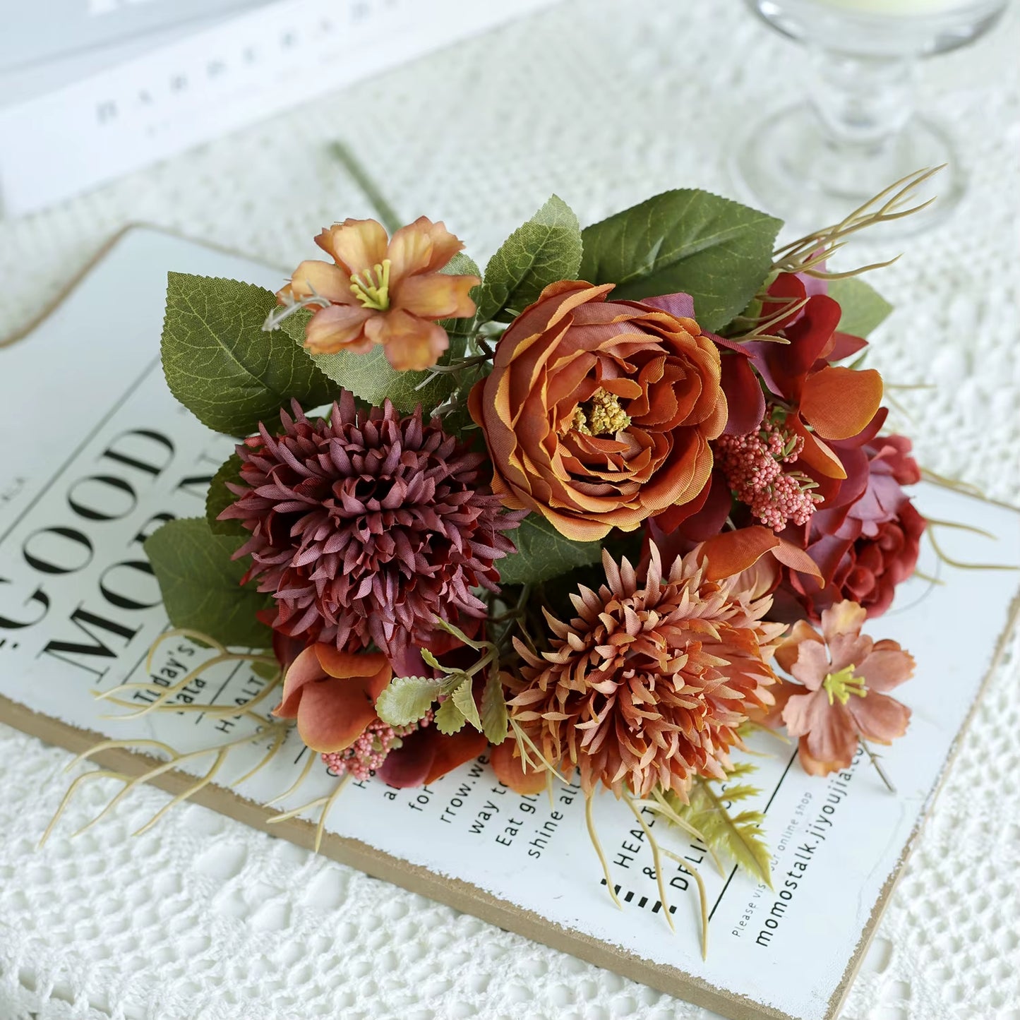 1PC Artificial Rosesflowers New Year'S Home Decoration Wedding Bridal Bouquet Garden Fake Silk Peony Hydrangeas Vase for Board