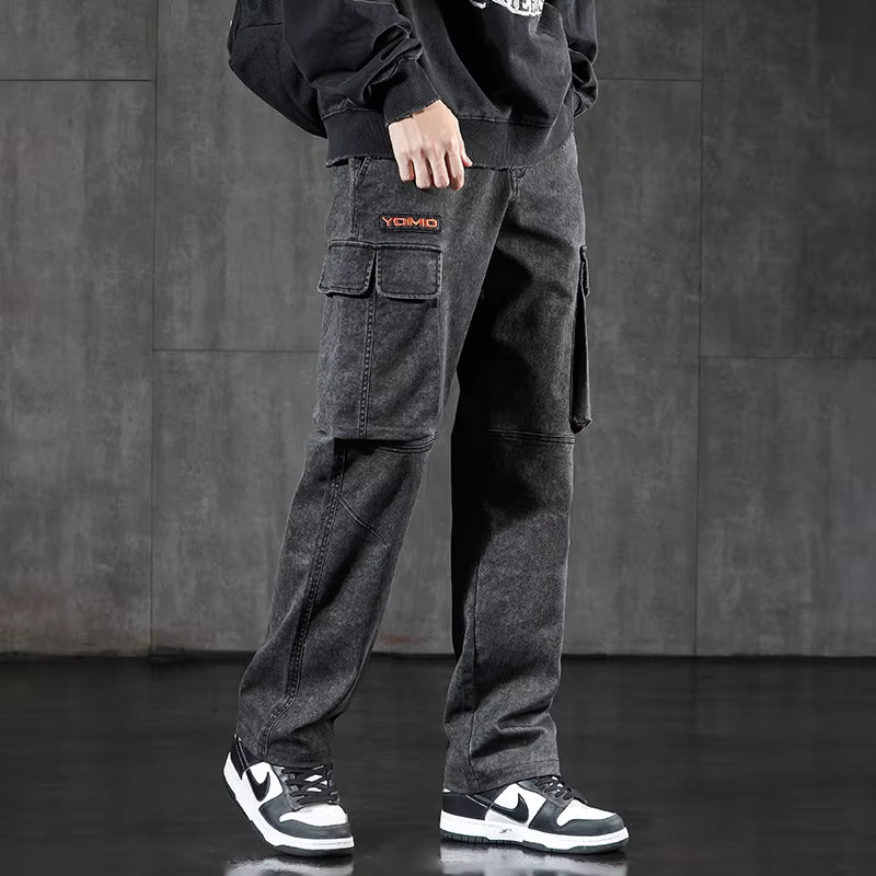 New Men'S Loose Cargo Jeans Outdoor Paratrooper Straight Pants Fashionable Stretch Loose Wide Leg Pants Large Size 4XL 5XL