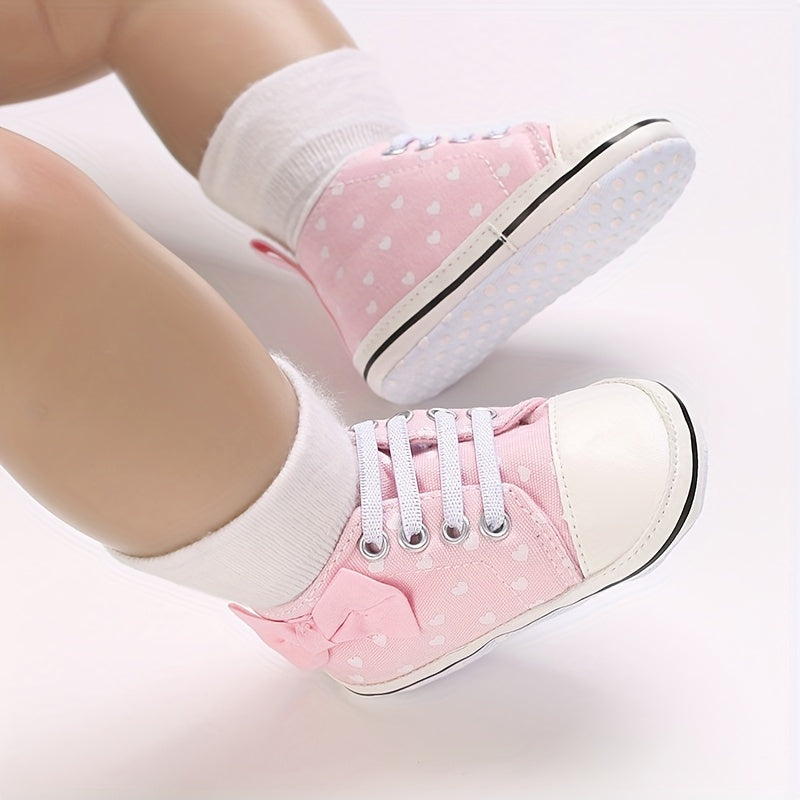 Baby Girls Heart Printed Lightweight Skate Shoes With Bowknot, Comfortable Non-slip Sport Walking Toddler Shoes, Fall Beauty World Shop