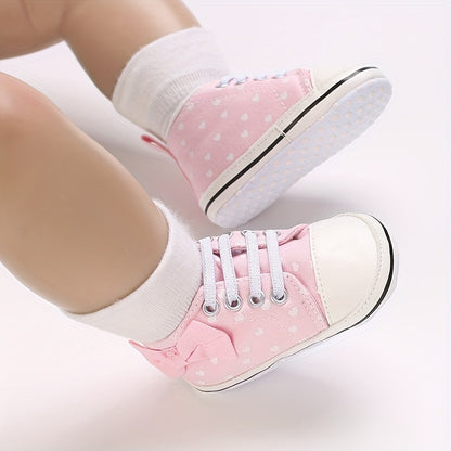 Baby Girls Heart Printed Lightweight Skate Shoes With Bowknot, Comfortable Non-slip Sport Walking Toddler Shoes, Fall Beauty World Shop