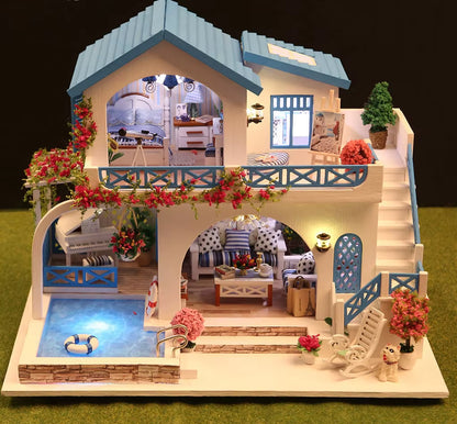 DIY Blue White Town Villa 3D Wooden Puzzle Coastal Style Handmade Assembly Model Miniature House Creative Birthday Gift
