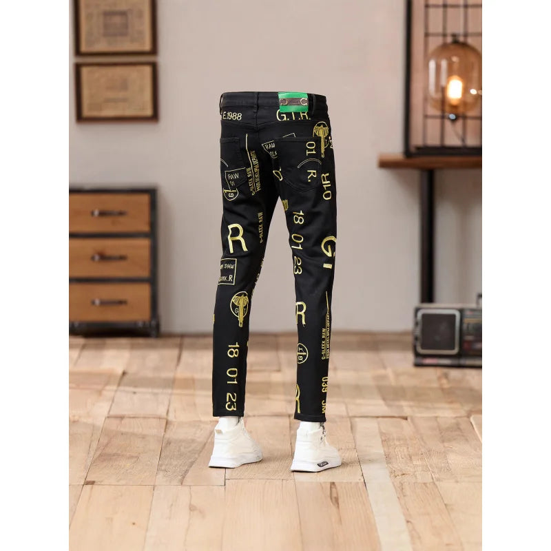 Trendy Retro Embroidered Printed Jeans for Men 2025 New Autumn Fashion Men'S Clothing Trend Brand Slim Fit Small Leg Pants