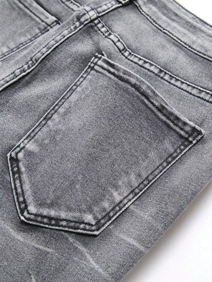 Men‘S Stretchy Denim Jeans Streetwear Tearing Patchwork Holes Ripped Denim Elastic Waist Casual Pants Slim Fit Straight Trousers