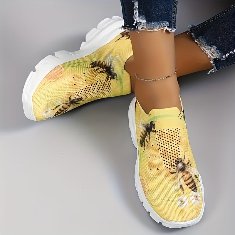 Breathable Knit Platform Sneakers - Women's Bee Print Slip On Outdoor Shoes - Comfortable Low Top Sport Shoes