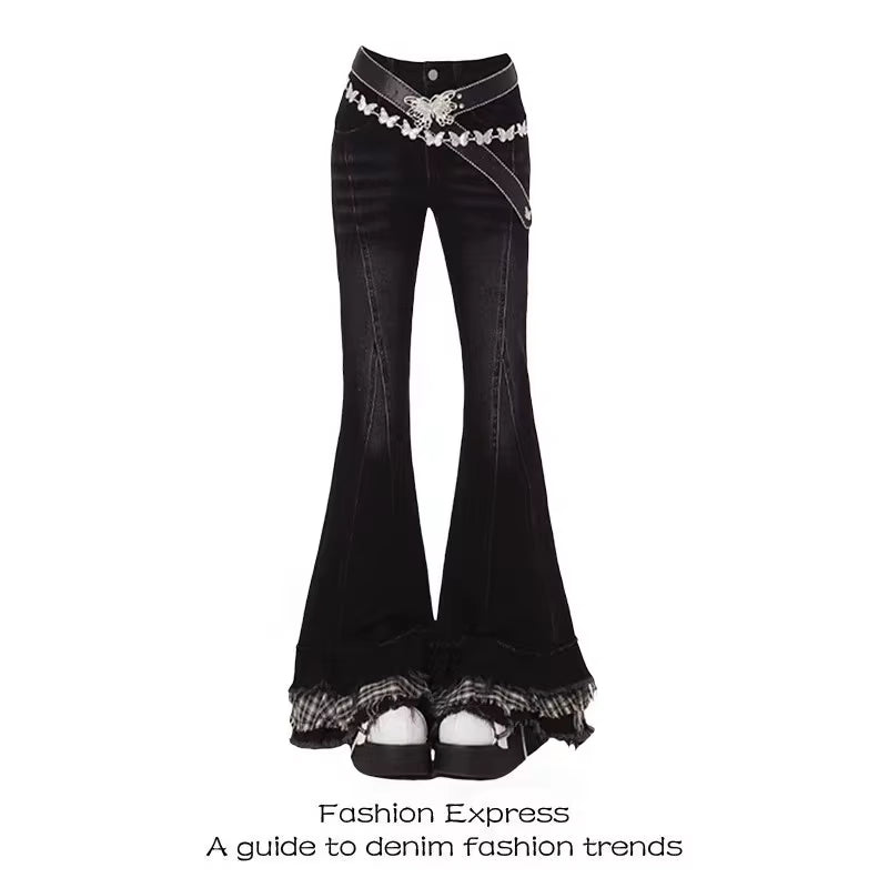 Vintage Slim Micro-Flare Jeans Women Ins Fashionable Splicing Belt Edge Y2K Pants High Waist Straight American Street Trousers
