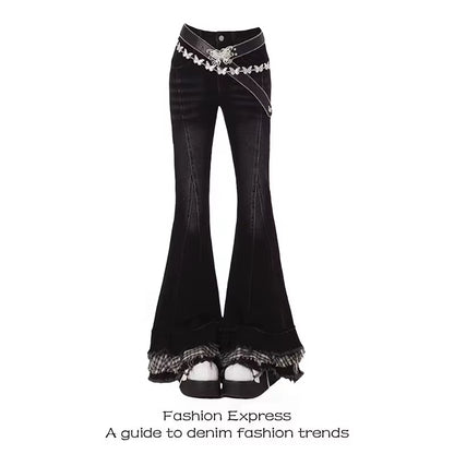 Vintage Slim Micro-Flare Jeans Women Ins Fashionable Splicing Belt Edge Y2K Pants High Waist Straight American Street Trousers