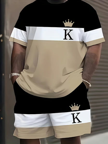 [Plus Size 3D Print Sport Set] Men's Plus Size 3D Digital Print Casual Sport T-Shirt and Shorts Set | Sweat-Resistant, All-Season, Regular Fit, Crew Neck, Slight Stretch Fabric | Suitable for Daily Wear, Outings, Sports, Camp