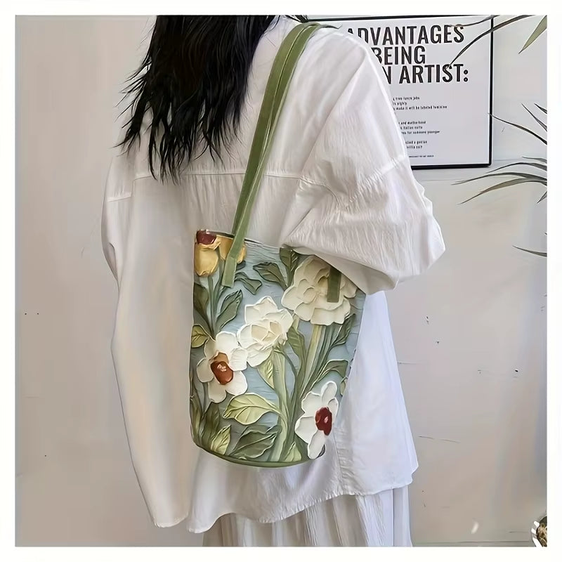 Women'S Large Capacity Summer Floral Oxford Bucket Bag Casual Fashionable Shoulder Bag with Oil Painting Flower Design Handbag