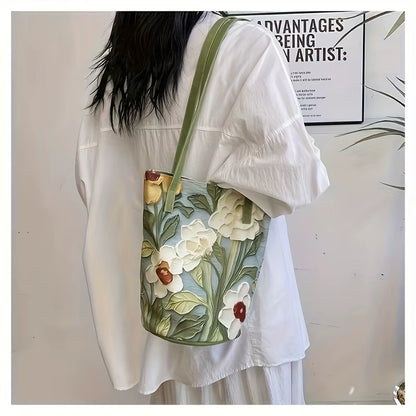 Women'S Large Capacity Summer Floral Oxford Bucket Bag Casual Fashionable Shoulder Bag with Oil Painting Flower Design Handbag