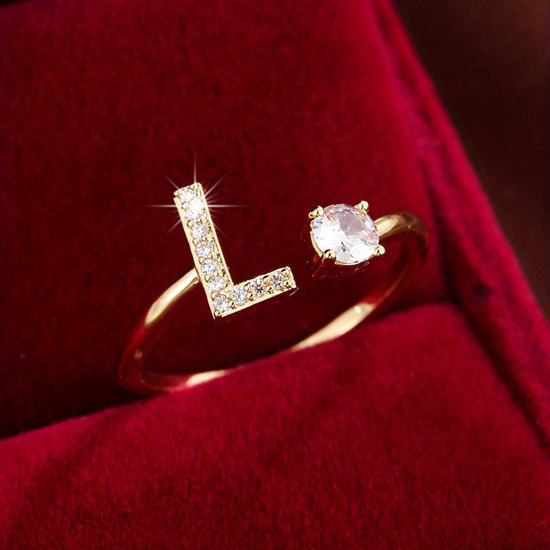 Fashionable 26 English Letters Four-Prong Synthetic Synthetic Zirconia Open Adjustment Ring Beauty Fashion