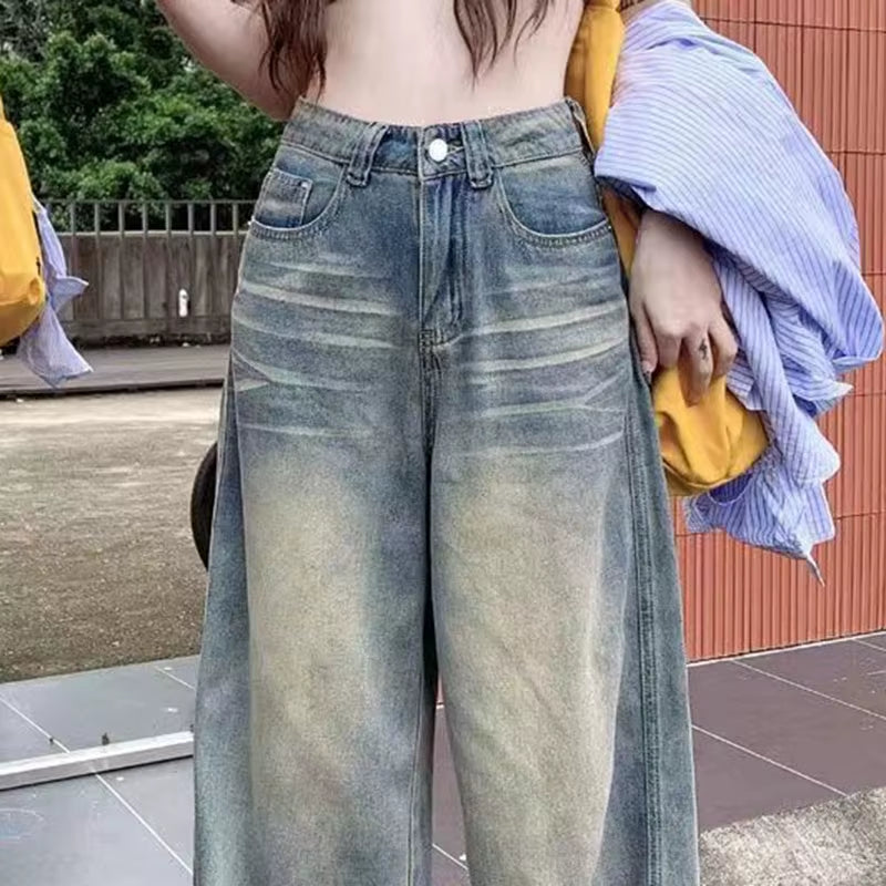 Spring Autumn Vintage Chicly Button Jeans Women American Simple Baggy High Waisted Denim Pants Washed Y2K Wide Leg Jean Trousers