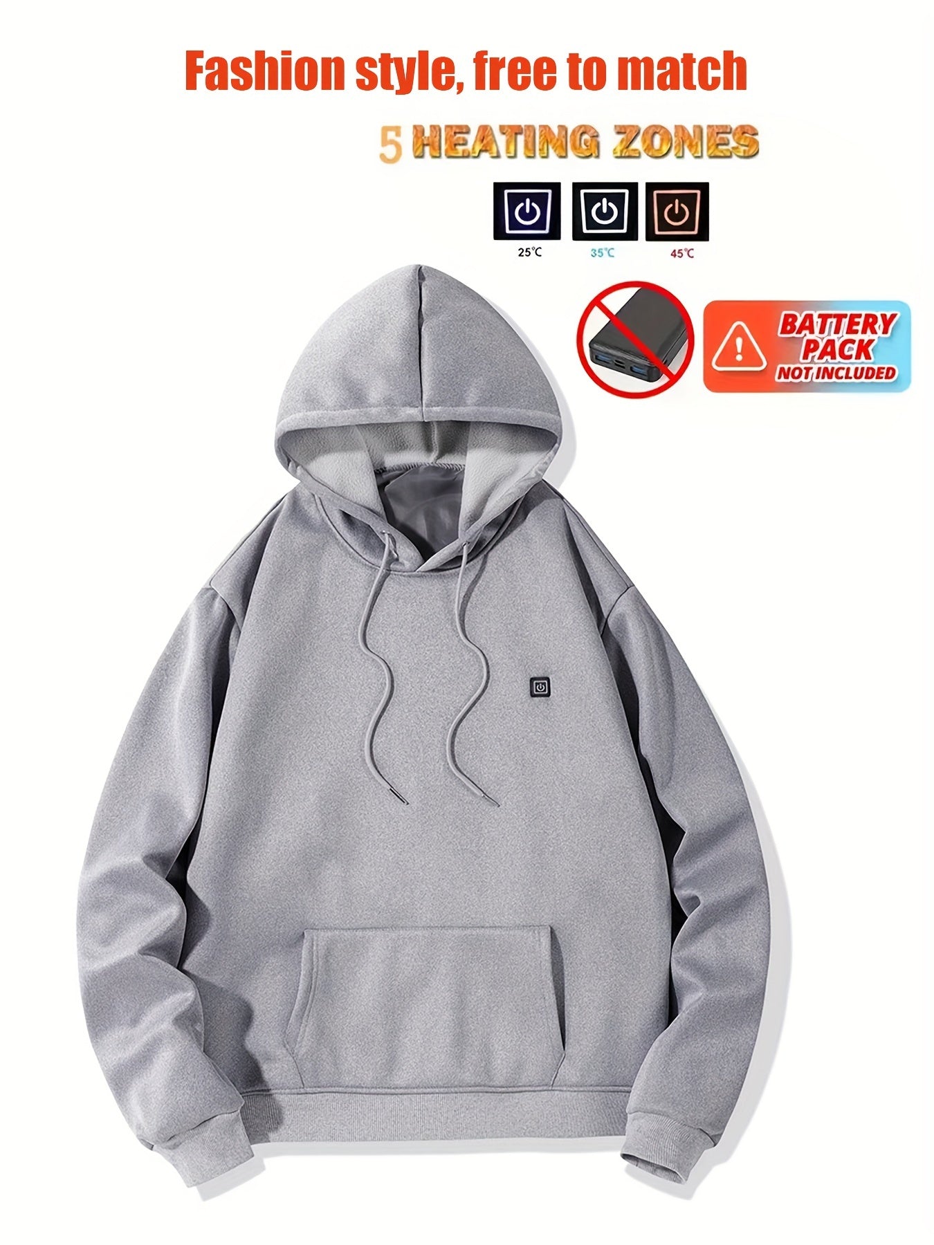 5 Heating Zones Heated Hooded Sweatshirt For Men – Autumn/Winter Outdoor Sport Pullover With Kangaroo Pocket – Battery Pack Not Included Beauty World Shop