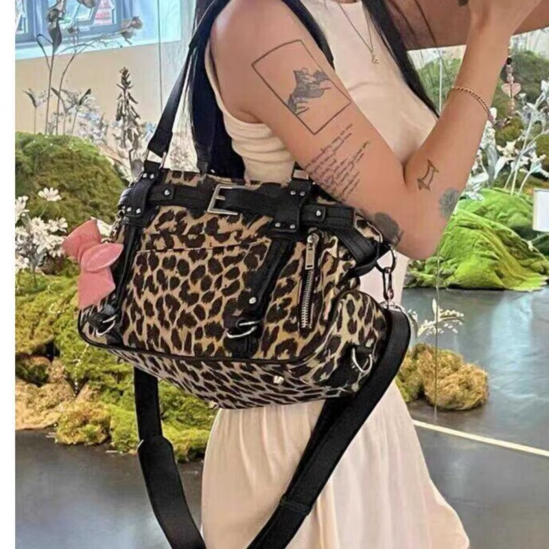 JIAERDI Harajuku Leopard Print Y2K Shoulder Bags Women Hot Girls Nylon Cute Handbag Ladies Vintage Tote Underarm Bag Aesthetic
