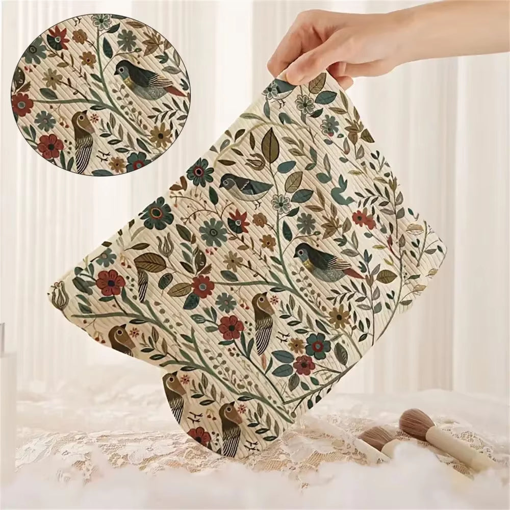 1Pc Cosmetic Bags Branch Bird Pattern Women'S Makeup Bag Corduroy Cosmetic Storage Bag Portable Commuting Travel Toiletry Bag