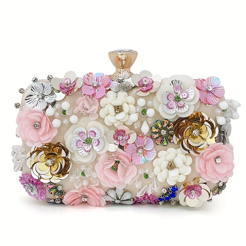 3D Beaded Elegant Evening Bag, Flower Box Clutch Purse for Women's Wedding Party Prom Beauty Fashion