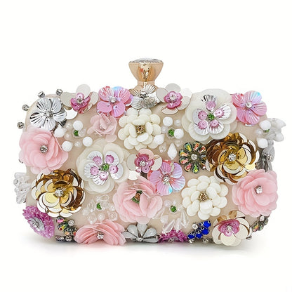 3D Beaded Elegant Evening Bag, Flower Box Clutch Purse for Women's Wedding Party Prom Beauty Fashion