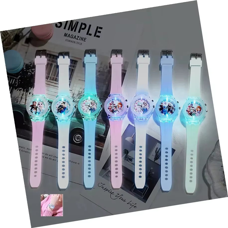Disney Children Watch Frozen Princess Pattern Led Glowing Flash Fashion Kids Quartz Student Wristwatch Boy Girl Holiday Gifts