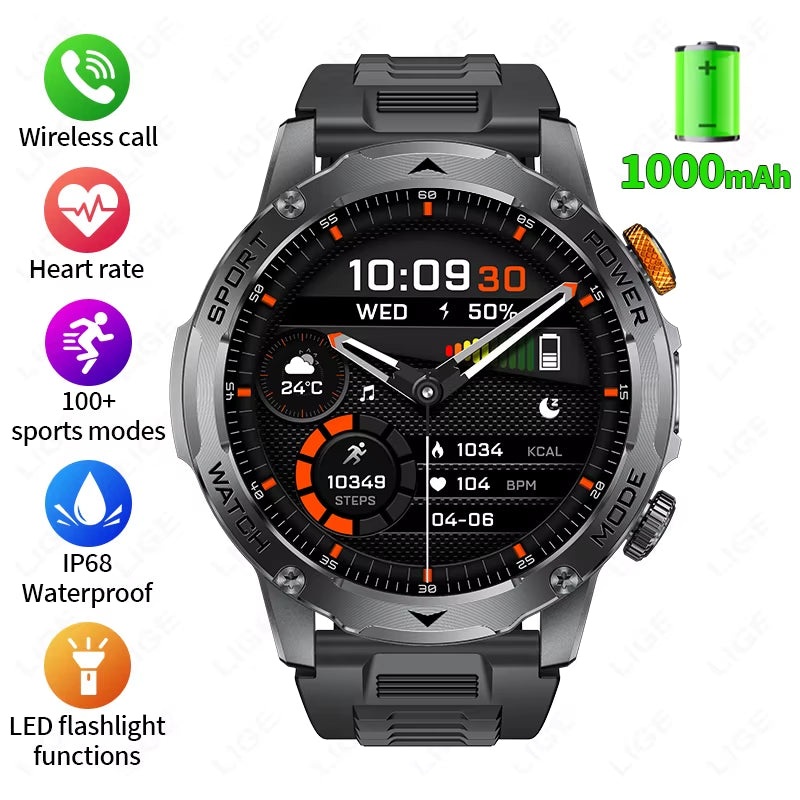 Military Smart Watch Men 1000Mah Battery Outdoors LED Flashlight Waterproof Heart Rate Sport BT Call 1.7" AMOLED Smartwatch