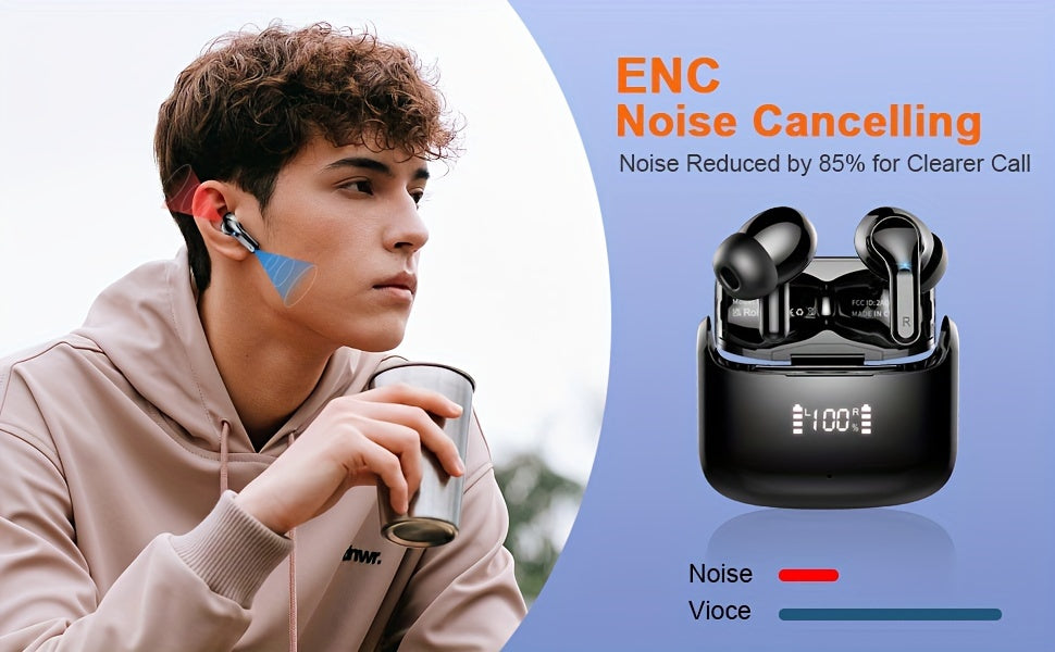 [40H Wireless Earbud] 40H Wireless Earbud, 5.3 Stereo Bass Earphones | Dual Mic Call, USB-C LED Display, Sport Headset