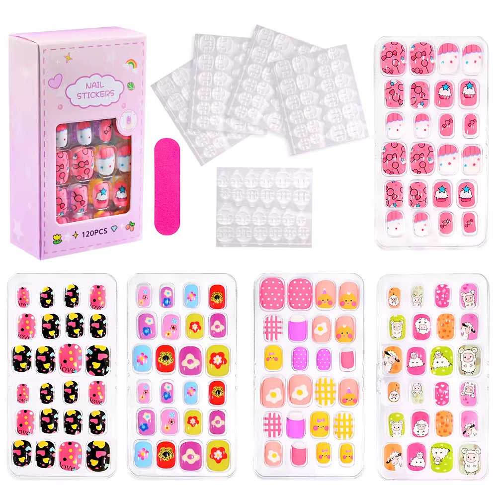 120Pcs/Box Cartoon Gril Princess Children Press on Nails 6-14Years Kawaii Cat/Flowers/Rainbow Nail Tips with Jelly Gel Girl Gift