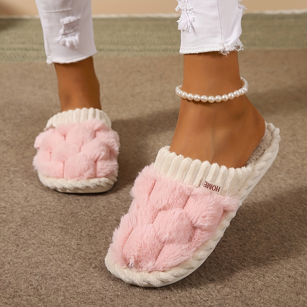 Colorblock Faux Fur Slippers, Casual Slip On Plush Lined Shoes, Comfortable Indoor Home Slippers Beauty Fashion