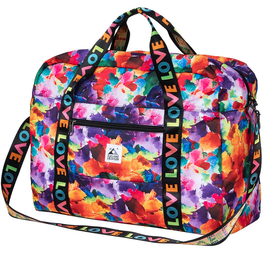[PLAY-KING Duffel Bag] PLAY-KING Large Capacity Durable Polyester Duffel Bag | Colorful Floral Foldable Travel & Sports Bag with "LOVE" Straps, Hand Wash Only, Luggage for Travel, Playful Design, Sturdy Handles for Women Beauty Fashion