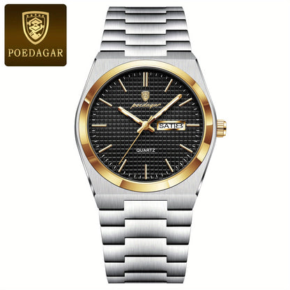 POEDAGAR Men's Luxury Sport Watch, Military Luminous Date Week, Stainless Steel Quartz, Casual Style, Pointer Display, Electronic Movement, Zinc Alloy Case, Stainless Steel Band, Round Dial Beauty World Shop
