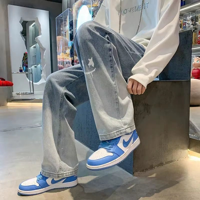 Harajuku Smile Print Baggy Pants Men Streetwear Wide Leg Oversize Jeans Vintage Y2K Straight Long Trousers Male 2024 Fashion