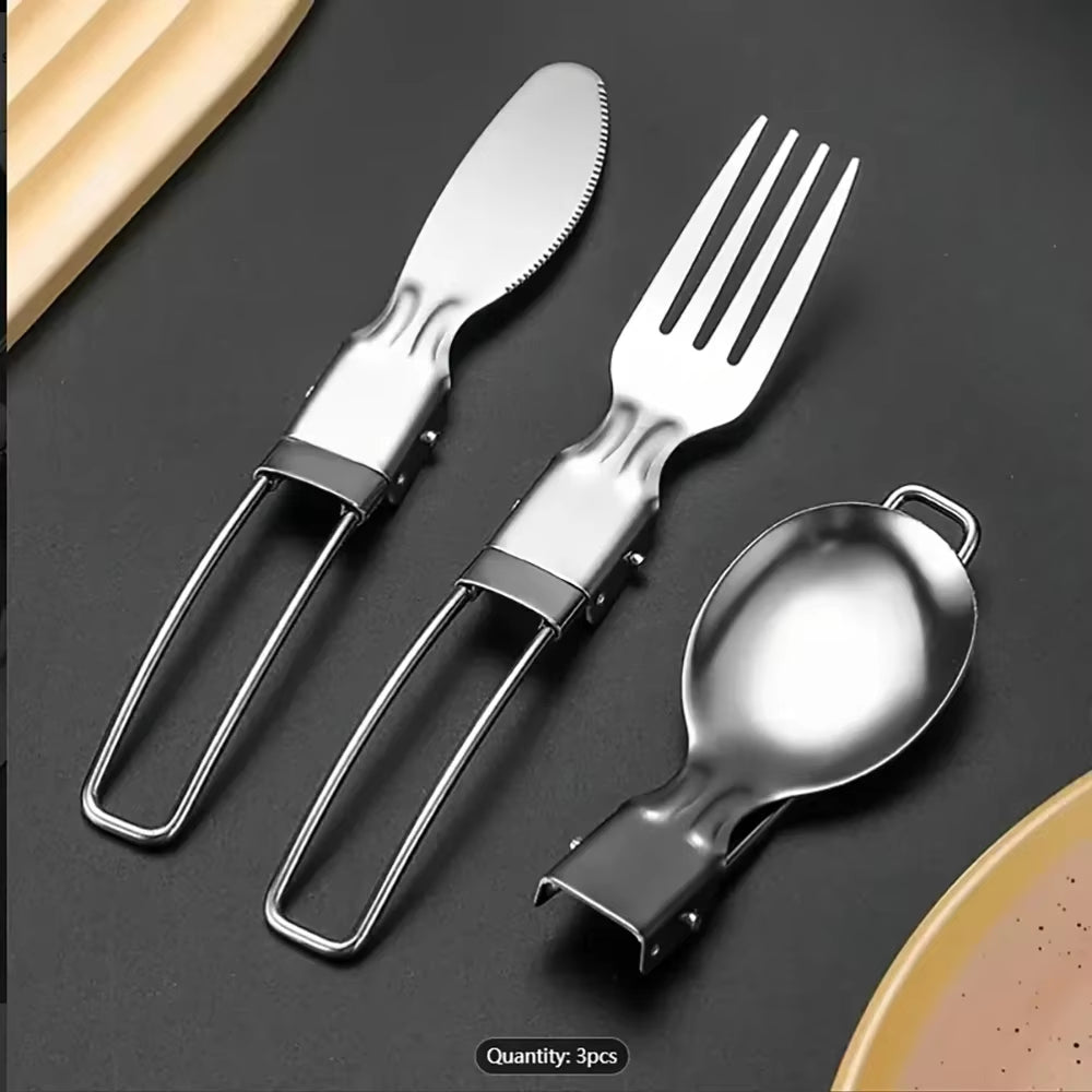 3Pcs/1Set Portable Outdoor Camping Travel Picnic Foldable Stainless Steel Cutlery Set Spoon Fork Knife Tableware Outdoor Travel