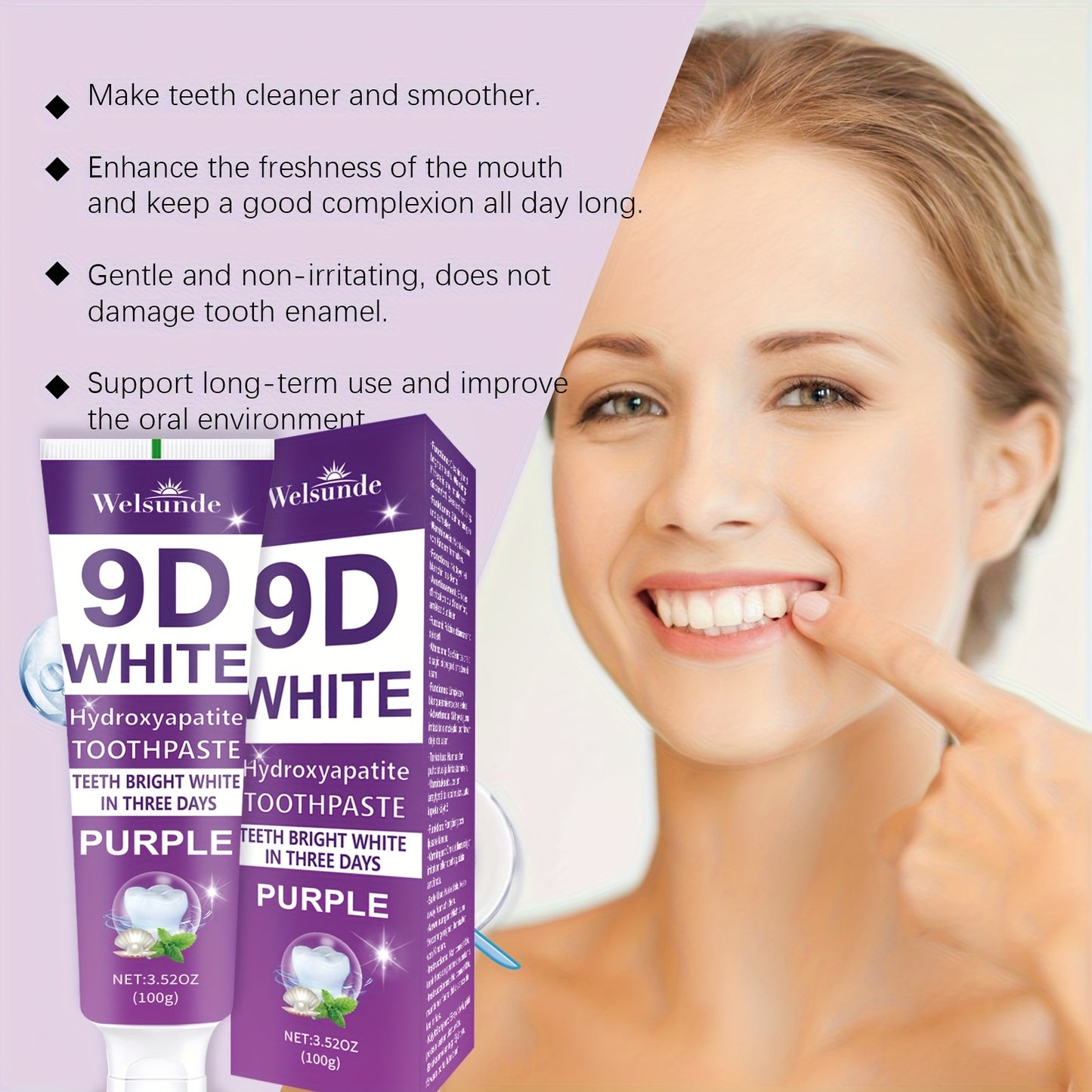 9D Purple Hydroxyapatite Toothpaste for Deep Cleaning & Brighter Smile, European Formula with Minty Fresh Breath, Gentle On Gums, Travel-Size 100g/3.52oz, Deep Cleaning Of Teeth, Ideal Oral Hygiene Gift for Women & Men, Suita Beauty World Shop