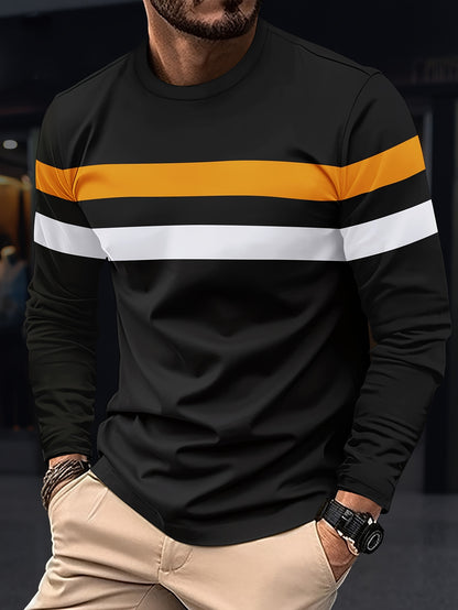 Men's Long Sleeve Crew Neck T-Shirt - Polyester Blend, Basic Solid Color with Color Block Detail, Slight Stretch Knit, Casual Sport Style, for Spring/Fall Beauty World Shop