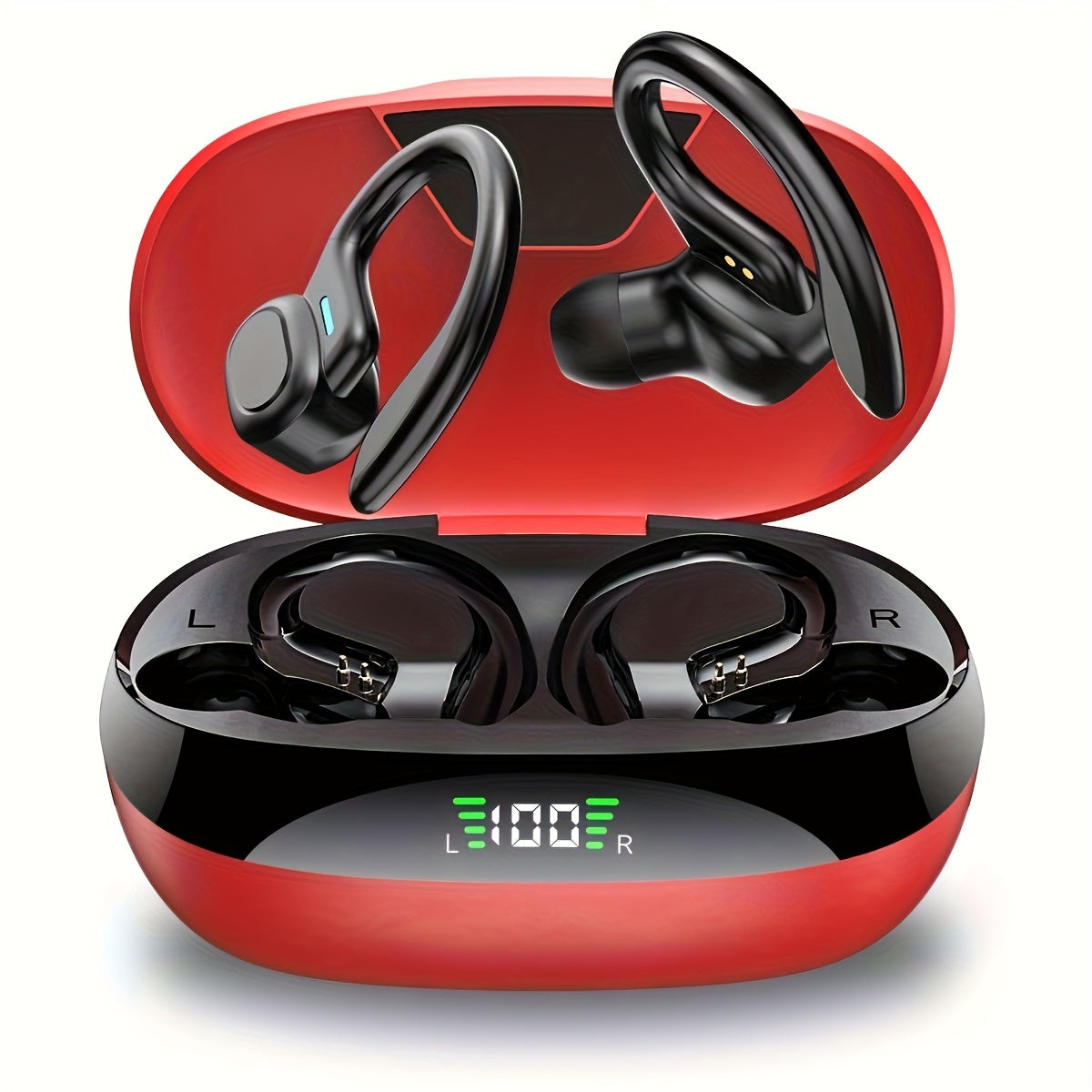 Wireless Earbuds, Open Ear 5.4 Headphones With Ear Hooks, Built-in Mic LED Display 24H Playtime Charging Case, For Running Fitness, Sport Over Earphones, Black