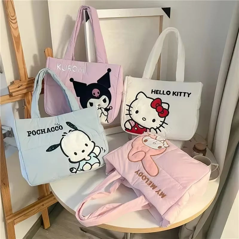 Sanrio Cartoon Fabric Kuromi Handbag Cute Stationery Shoulder Bag Large Capacity Bag 2024