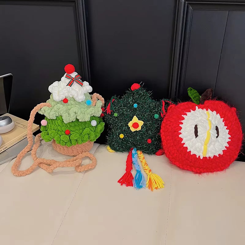 Christmas Tree Crochet Shoulder Bag Textured Casual Crossbody Bags for Kids Women Handmade Knitted Purse Holiday Gift Cute Bag