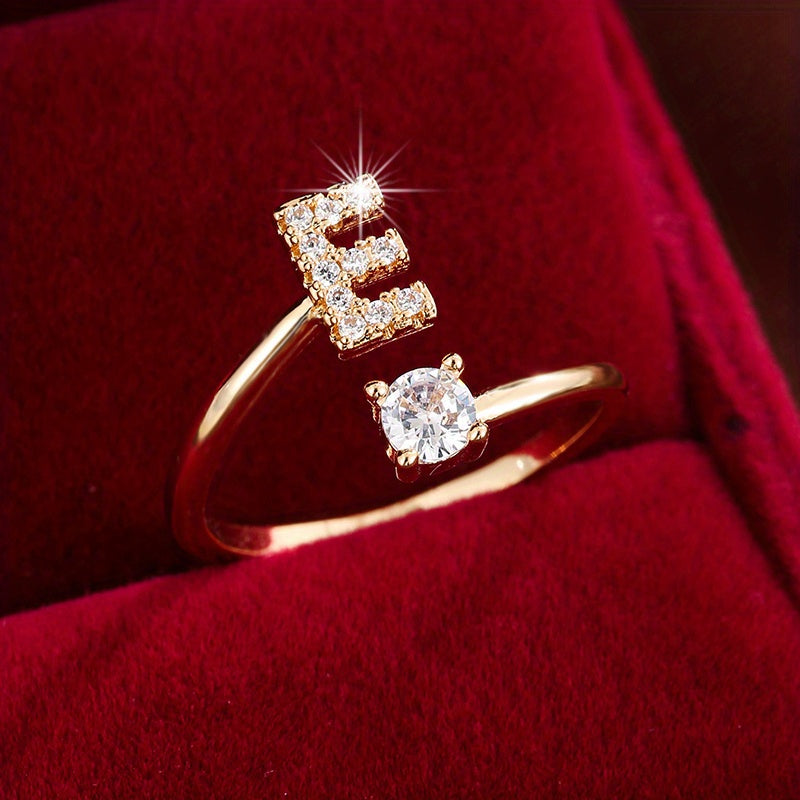 Fashionable 26 English Letters Four-Prong Synthetic Synthetic Zirconia Open Adjustment Ring Beauty Fashion