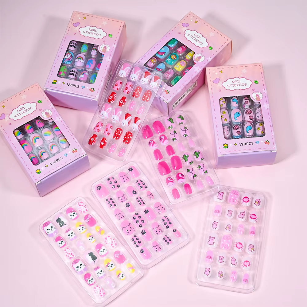 120Pcs/Box Cartoon Gril Princess Children Press on Nails 6-14Years Kawaii Cat/Flowers/Rainbow Nail Tips with Jelly Gel Girl Gift
