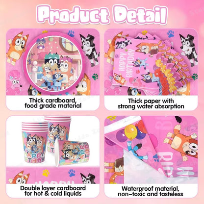 Pink Bluey Birthday Decorations for Kids Latex Aluminum Foil Balloons Bingo Theme Party Event Supplies Disposable Tableware Toys