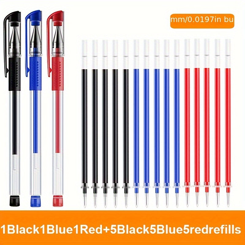 18pcs (3 Pens + 15 Refills) Gel Pen Set School Supplies Black Blue Red Ink Color 0.5Mm Ballpoint Pen Kawaii Pen Student School Office Stationery Beauty Fashion