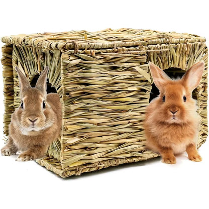Grass House for Rabbit Foldable Woven Rabbit Cages Hamster Guinea Pig Grass Chew Toy Mat House Bed Nests for Animal Accessories