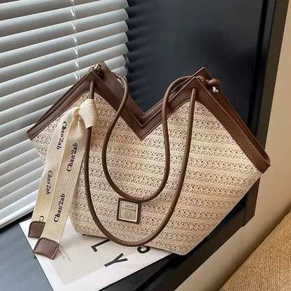Straw Beach Bag Vintage Handmade Woven Shoulder Bag Raffia Circle Rattan Bags Bohemian Summer Vacation Casual Bags