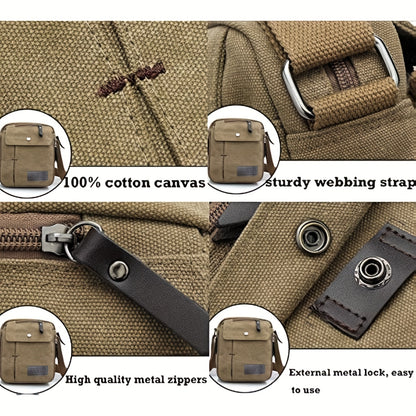Vintage Canvas Square Messenger Bag - Spacious Zipper Closure, Durable Nylon Lining, Stylish Solid Pattern, Perfect for Casual Crossbody Travel and Daily Occasions Beauty Fashion