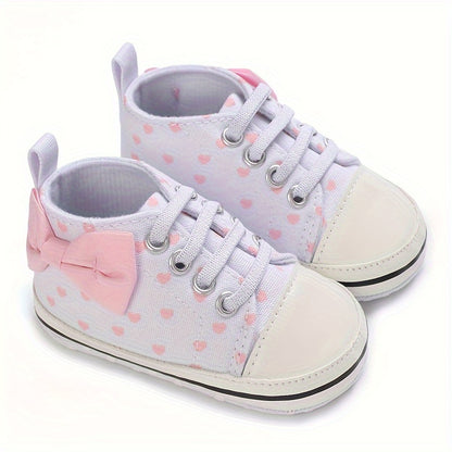 Baby Girls Heart Printed Lightweight Skate Shoes With Bowknot, Comfortable Non-slip Sport Walking Toddler Shoes, Fall Beauty World Shop