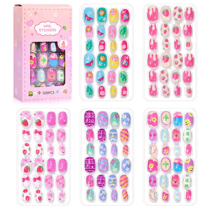120Pcs/Box Cartoon Gril Princess Children Press on Nails 6-14Years Kawaii Cat/Flowers/Rainbow Nail Tips with Jelly Gel Girl Gift