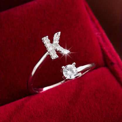 Fashionable 26 English Letters Four-Prong Synthetic Synthetic Zirconia Open Adjustment Ring Beauty Fashion